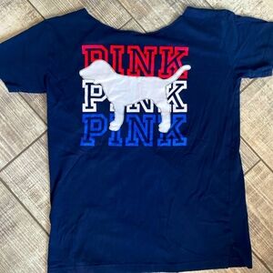 VS pink tee flag dog patriotic off shoulder campus Nwot